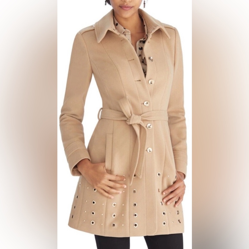 WHBM Belted Camel Coat Gold Grommets